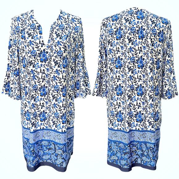 Jude Connally Blue Floral Paisley Dress Bell Sleeve Pockets NWOT Made in USA S - Picture 2 of 9